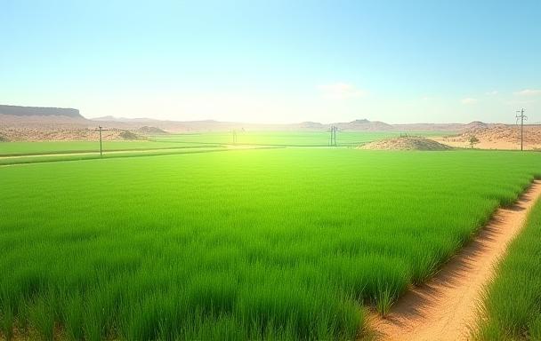 Image of irrigated farmland in arid landscape with data visualization