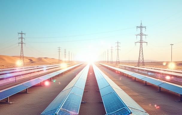 Image of solar panels or power grid with weather data overlay