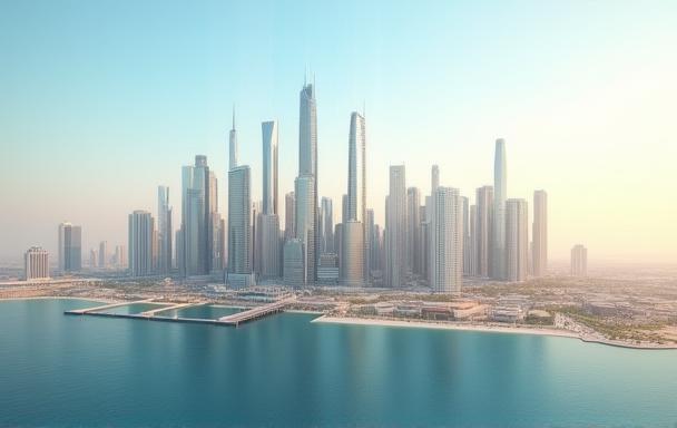 Image of a modern city skyline in the Gulf with data overlay