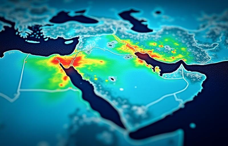 Visualization of climate data layers over a map of the Gulf region showing temperature, wind, and storm paths.